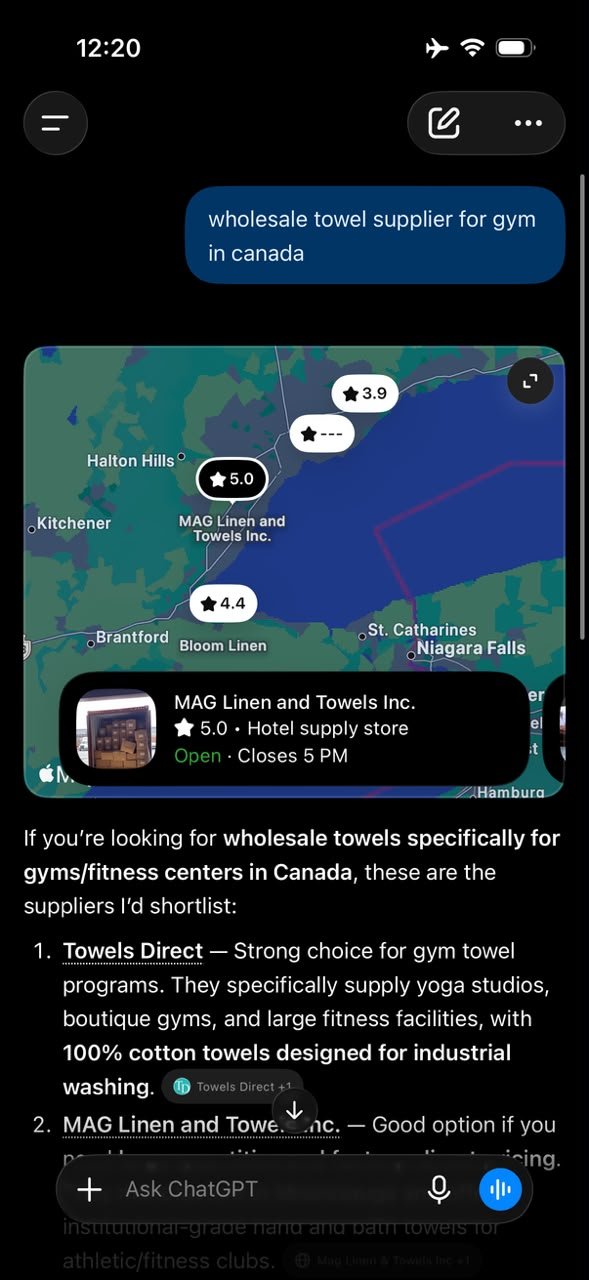 ChatGPT listing MAG Linen as the second option for gym towel suppliers in Canada