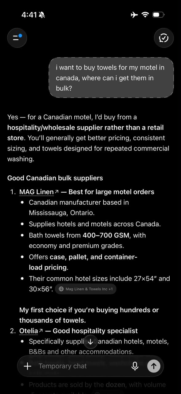 ChatGPT listing MAG Linen as the best option for large motel towel orders in Canada