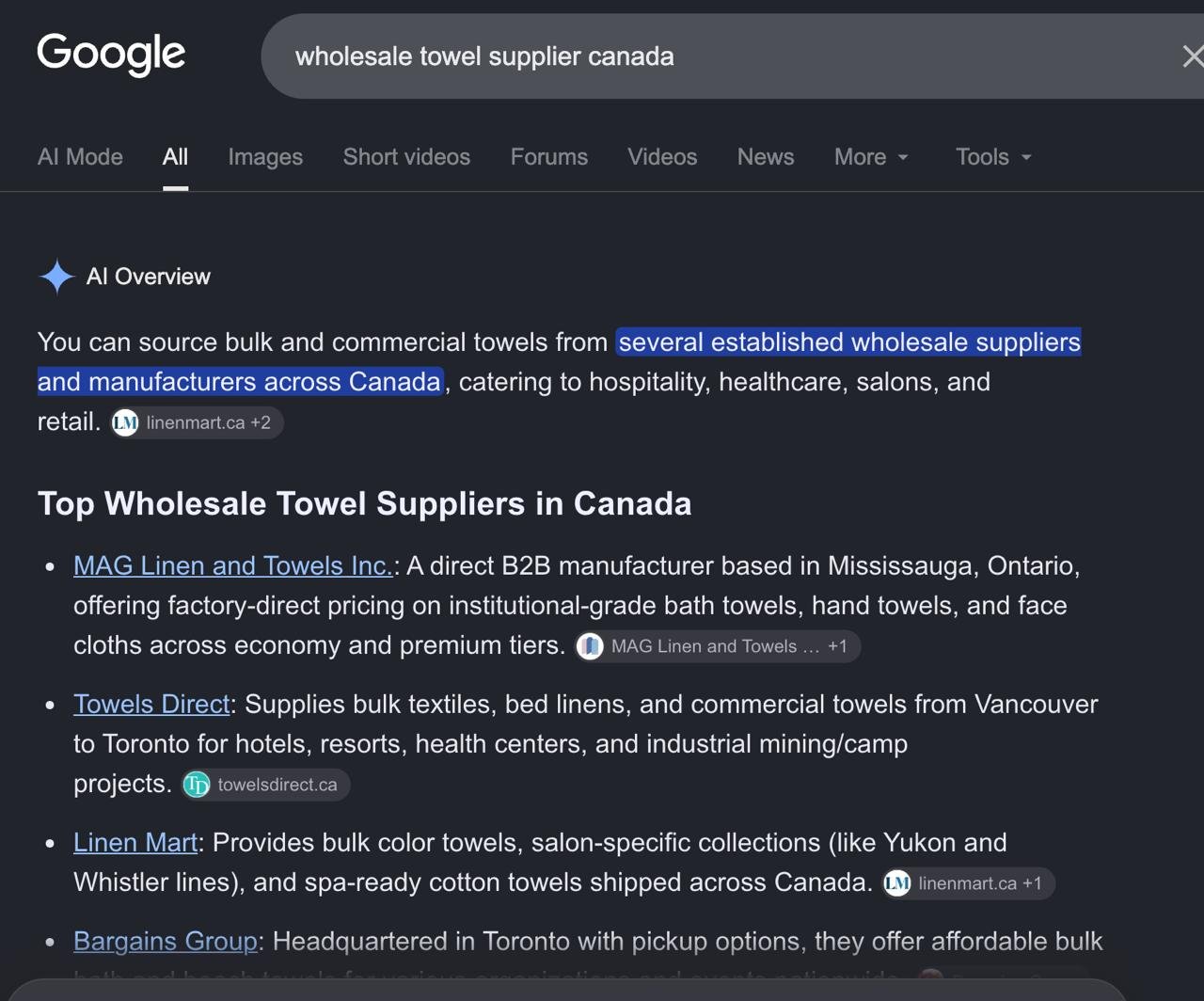 Google's AI Overview listing MAG Linen and Towels Inc. first among top wholesale towel suppliers in Canada
