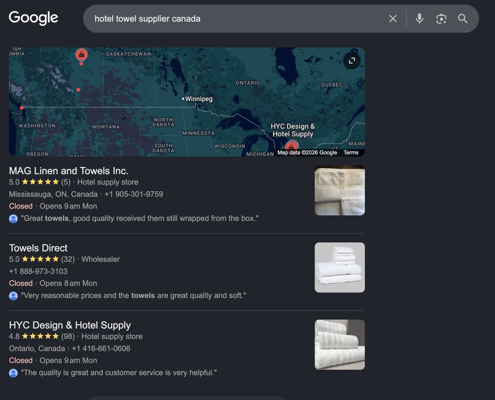 MAG Linen and Towels Inc. ranking first on Google Maps for 'hotel towel supplier canada' with a 5.0 star rating